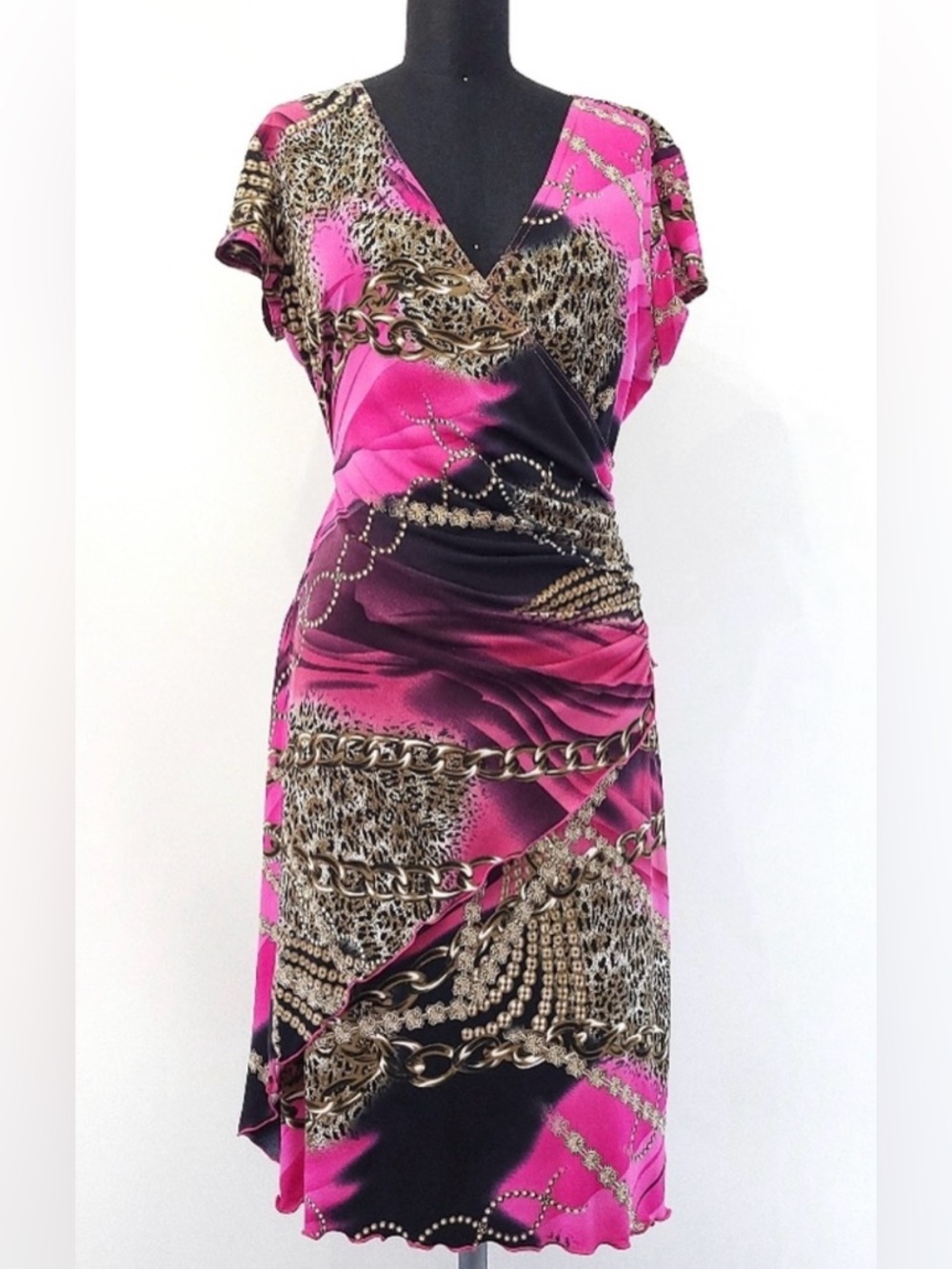 Joseph Ribkoff Fuchsia and Black Chain-Print Midi Dress